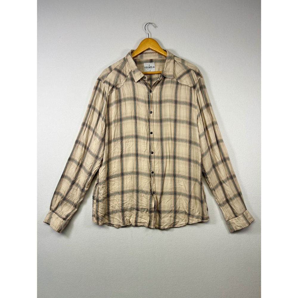 Streetwear YoungLA Plaid Button Down Mens XL Tan Western Yoke Viscose Shirt 806